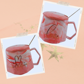 2 Adet Kapaklı Kaşıklı Seramik Mermer Mug Kupa Seti
